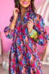 Multi-Color Abstract Geometric Print Long Sleeve High Waist Dress